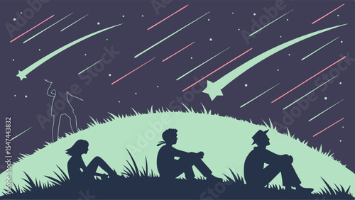 Silhouettes of people on a grassy hill watching a vibrant meteor shower with teal and pink shooting stars in a dark night sky. Serene flat vector illustration.