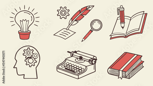 Creative writing and thinking process outline icons. Lightbulb, gears, quill, vintage typewriter, books, magnifying glass for ideas and learning.