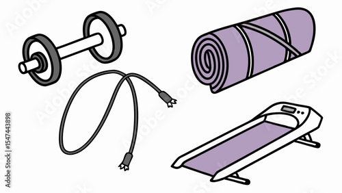 Simple cartoon illustration of essential home gym fitness equipment isolated on white: dumbbell, jump rope, rolled yoga mat, and treadmill for exercise.
