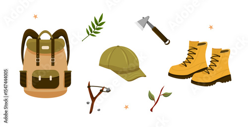 Camping gear set with boots, backpack, cap, axe, slingshot, and leaves, outdoor adventure