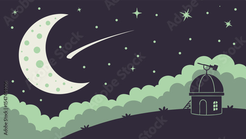 Peaceful vector illustration of a dark night sky with a large crescent moon, bright shooting star, and a detailed observatory on a green hill for astronomy fans.
