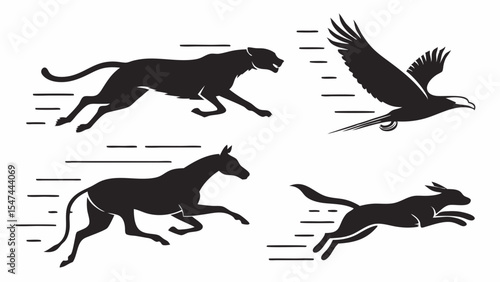 Set of black silhouette vector icons featuring fast wild animals in motion. Running panther, flying eagle, galloping horse, and sprinting cheetah for speed concepts.