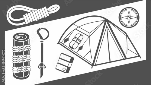Black and white vector illustration of essential camping and outdoor survival gear including a tent, compass, rope, axe, and first aid kit for adventure.