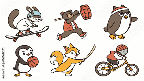Whimsical cartoon animal athletes vector set. Cute squirrel skateboarding, bear hammer throwing, owl doing yoga, penguin playing basketball, fox kendo, and mouse cycling.