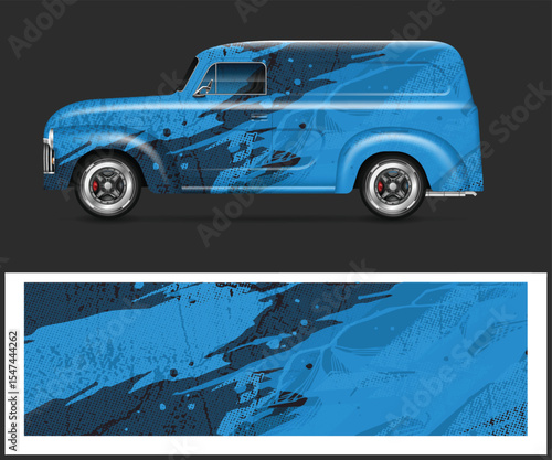 Vintage Panel Van with Abstract Blue and Black Graphics Wrap Design