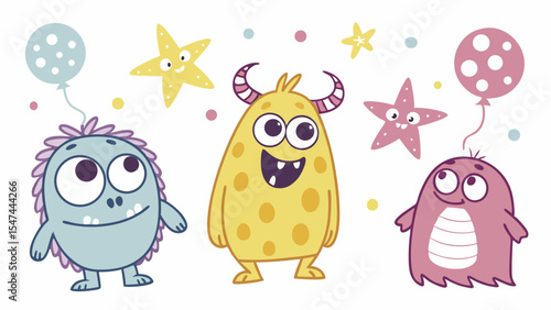 Three cute cartoon monsters in pastel colors, a blue one with a balloon, a yellow one, and a pink one with a balloon, with smiling starfish. Whimsical vector art.