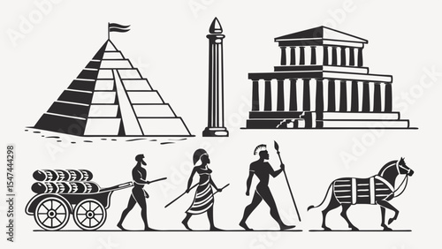 Black and White Ancient Civilizations Vector Set featuring Egyptian Pyramid Greek Temple Roman Column Historical Figures Cart Horse