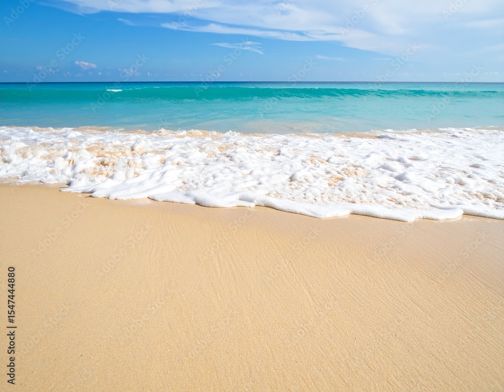 Naklejka premium paisaje de playa idílico y soleado, arena fina y de color dorado, se ve suave y limpia. El agua cercana a la costa es de un vibrante color turquesa,