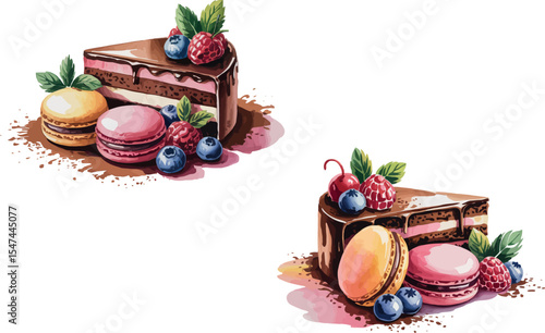 A delectable dessert illustration showcases two arrangements of sweet treats. Each features a luscious slice of chocolate cake drizzled with ganache