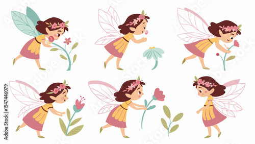 Adorable cartoon fairy girl set smelling picking and tending colorful garden flowers in various whimsical poses vector illustration