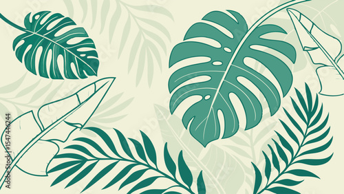 Tropical leaves seamless background with monstera, palm, and banana foliage in a stylish teal and cream flat vector illustration, ideal for nature-inspired designs.