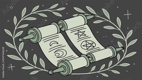 Witchcraft scrolls with moon phase and pentagram symbols in a laurel wreath. Mystical pagan flat illustration on dark background for magic and spells.