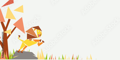 Lion day celebration background design with cubism lion animal and plants and with negative area for text. Cute lion animal geometry. protecting animal. world lion day