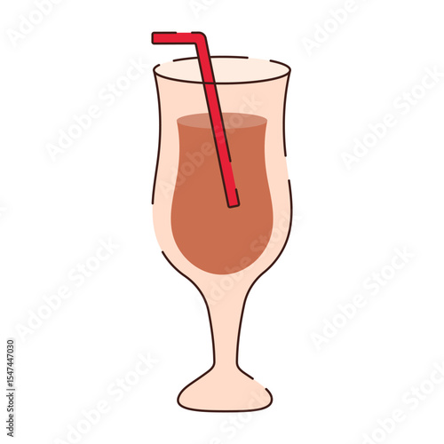 A glass on a thin stem with a drink and a red straw. The drink in the glass has a brown color.