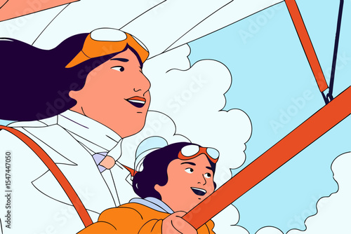 Woman and child hang gliding, enjoying flight, with copy space