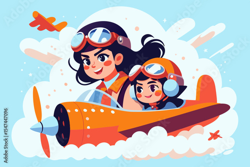 Girl and child pilot flying airplane, clouds, illustration, for kids books