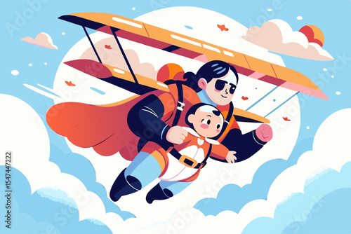 Mom and baby superhero flying, a safe journey, illustration for parenting blogs