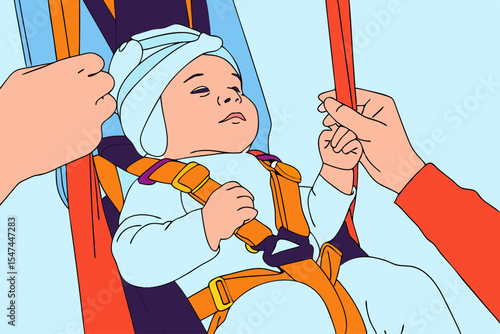 Securing baby in harness, illustration, pastel colors, for safety guides