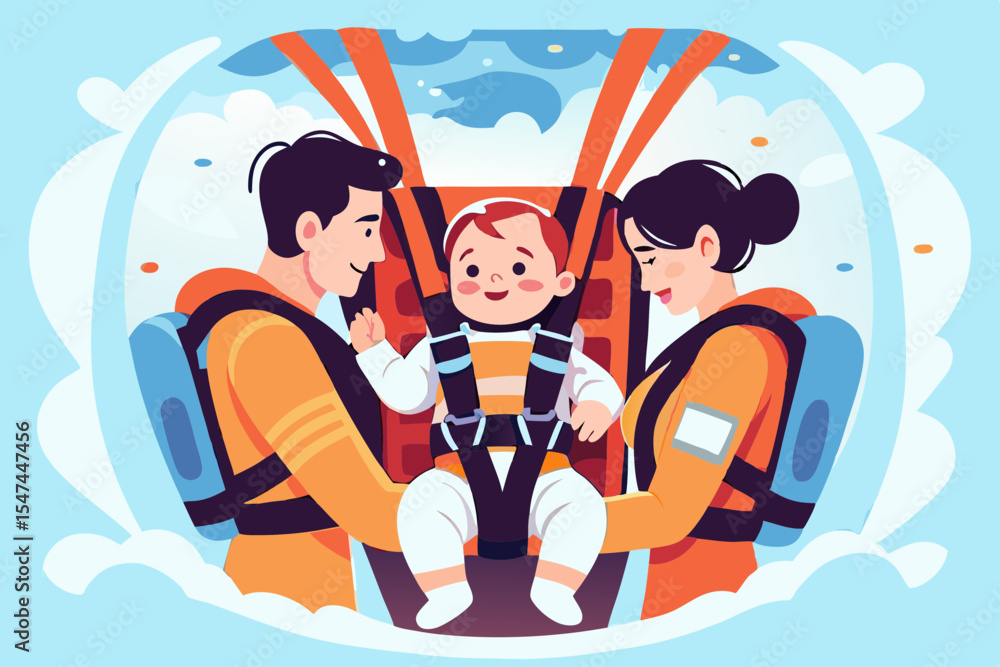Obraz premium Happy family flying with baby in safety harness, for travel brochures