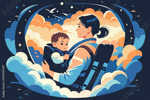 Mother and baby in a carrier, gazing at the night sky, clouds, for travel, parenting blogs