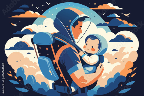Father carrying baby in carrier, against a sky background, for parenting blogs