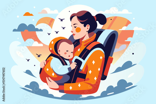 Mother tenderly holding baby in carrier, pastel colors, for parenting blogs
