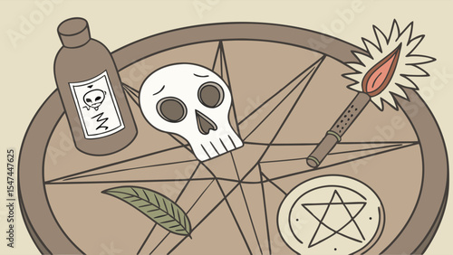 Cartoon illustration of a mystical dark magic ritual with a pentagram, sad skull, poison bottle, burning torch, and crystal ball on a beige background.