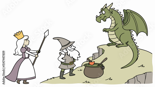 Whimsical cartoon fantasy illustration of a princess with a staff, a wizard, and a green dragon guarding a bubbling cauldron on a rocky hill.