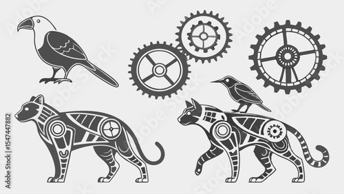 Monochrome steampunk mechanical animals vector illustration featuring robotic cats, toucan, small bird, and intricate gears and cogs.