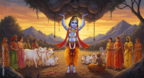 Lord Krishna Lifting Govardhan Hill: Divine Protection and Devotion in a Golden Sunset