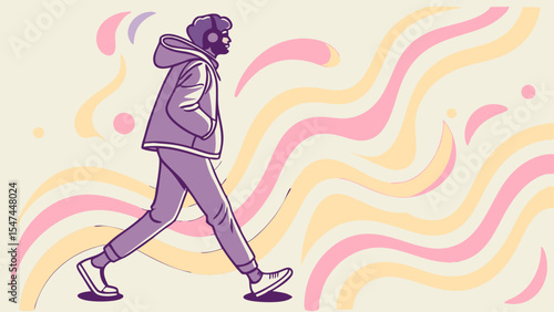 Modern vector illustration of a person in a purple hoodie and headphones walking, with abstract pastel pink and yellow wavy background, minimalist street style.