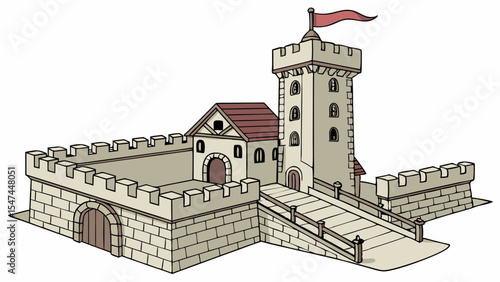 Detailed cartoon castle illustration featuring a tall watchtower with a red flag, strong stone walls, an arched gate, and a sturdy stone bridge. Medieval fortress graphic.