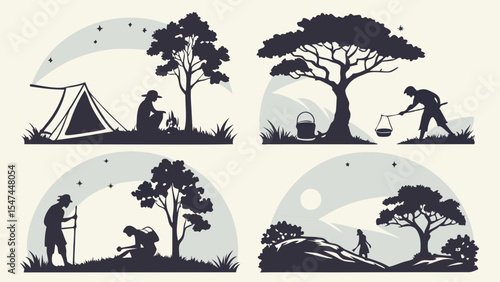 Collection of four outdoor nature silhouette vector illustrations. People camping, hiking, fetching water, and reading under trees in wilderness scenes.
