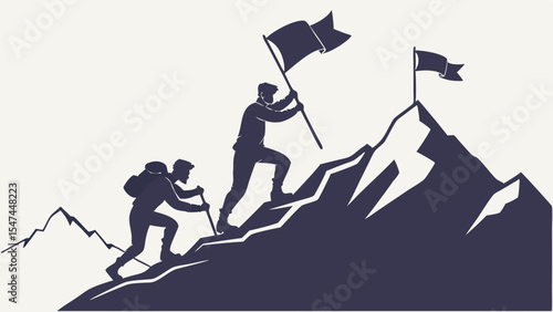 Monochrome silhouette graphic of two male mountaineers reaching a challenging mountain peak, one planting a flag, representing success, leadership, and teamwork.