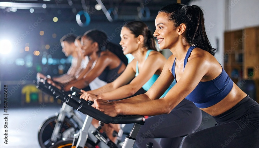 Fototapeta premium Happy Women Exercising Indoor Cycling Class Fitness.