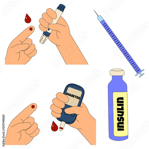 Set of diabetes management tools including insulin syringe, insulin vial, glucose meter, lancet device, and finger prick. Medical illustration isolated on white background. Chronic illness, healthcare
