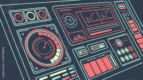 Sleek futuristic digital dashboard with data visualization, graphs, and gauges in a retro-futuristic neon-style UI. Modern technology control panel for analytics and system monitoring.