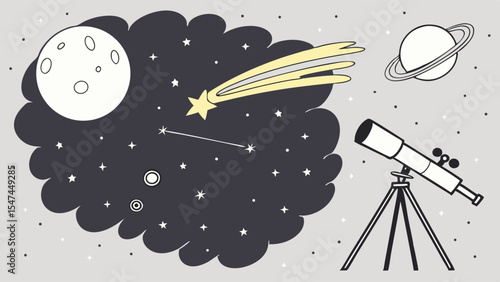 Charming simple cartoon astronomy illustration of a telescope, moon, stars, comet, and Saturn, perfect for space exploration and stargazing concepts.