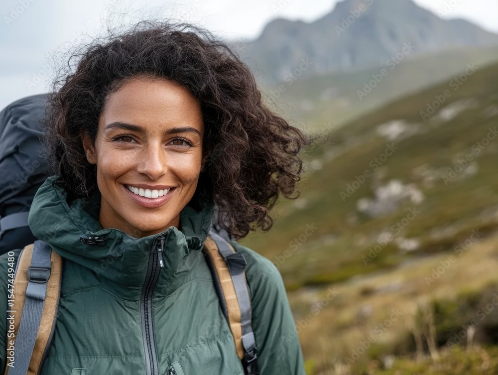 Happy Hispanic woman hiking in mountainous region during daytime Happy Hispanic woman hiking in mountainous region during daytime