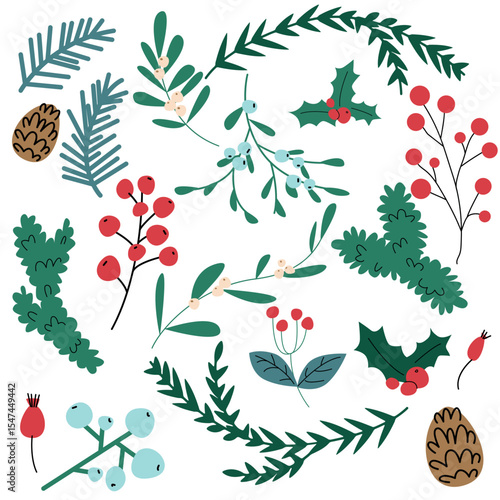 Christmas botanical clipart set. Hand drawn pine branches, holly leaves, mistletoe, berries, and pine cones. Festive winter foliage in flat cartoon style on white background. Vector illustration