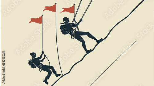 Retro graphic art silhouette of two mountaineers rappelling and ascending a steep mountain slope, with red flags marking goals, in a minimalist adventure style.