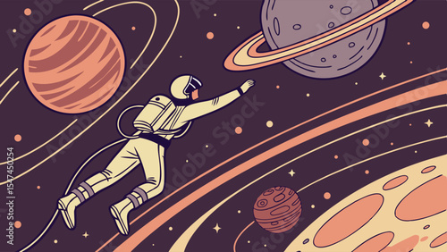 Detailed flat vector illustration of an astronaut floating in outer space, reaching for a ringed planet, surrounded by colorful planets and stars, space exploration.