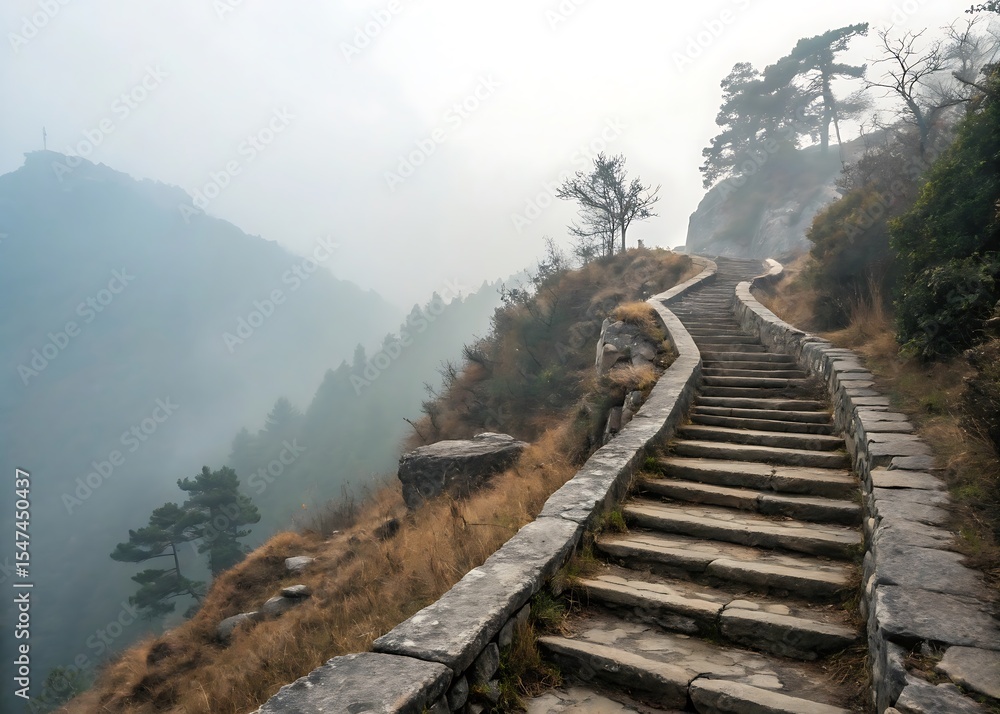 Fototapeta premium Stone Steps Leading Upward Through Hazy Mountain Fog