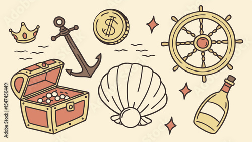 Whimsical hand-drawn pirate and nautical treasure collection featuring a ship's wheel, anchor, open chest with pearls, gold coin, crown, seashell, and bottle illustration.
