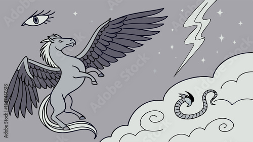 Grayscale cartoon illustration of a majestic Pegasus with an all-seeing eye, a powerful lightning bolt, and a serpent emerging from stormy clouds, depicting Greek mythology.