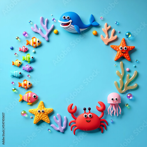 Cute Marine Animals Circle Frame Illustration