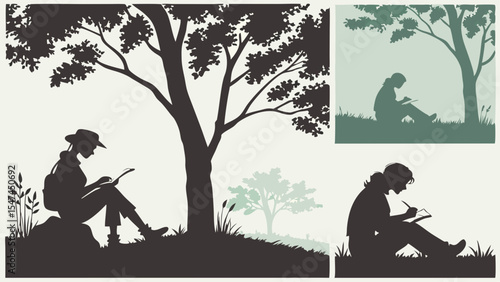 Vector Silhouettes of People Reading Writing Studying Outdoors Under Trees on Grassy Hills. Peaceful Nature Art and Education Scenes.