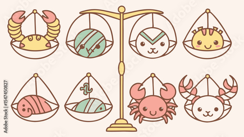 Cute Kawaii Zodiac Signs Vector Art Pastel Crabs Fish Scorpion Twin Faces Libra Scale. Adorable Astrology Horoscope Character Illustrations.