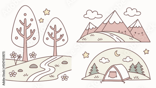 Cute kawaii simple nature landscapes vector set with trees, mountains, and a camping tent. Pastel cartoon outdoor scenes with paths, stars, and clouds.