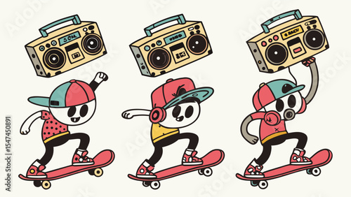 Energetic retro cartoon boys skateboarding with classic boomboxes, capturing 90s hip-hop and urban youth culture. Fun vector illustration of street style.